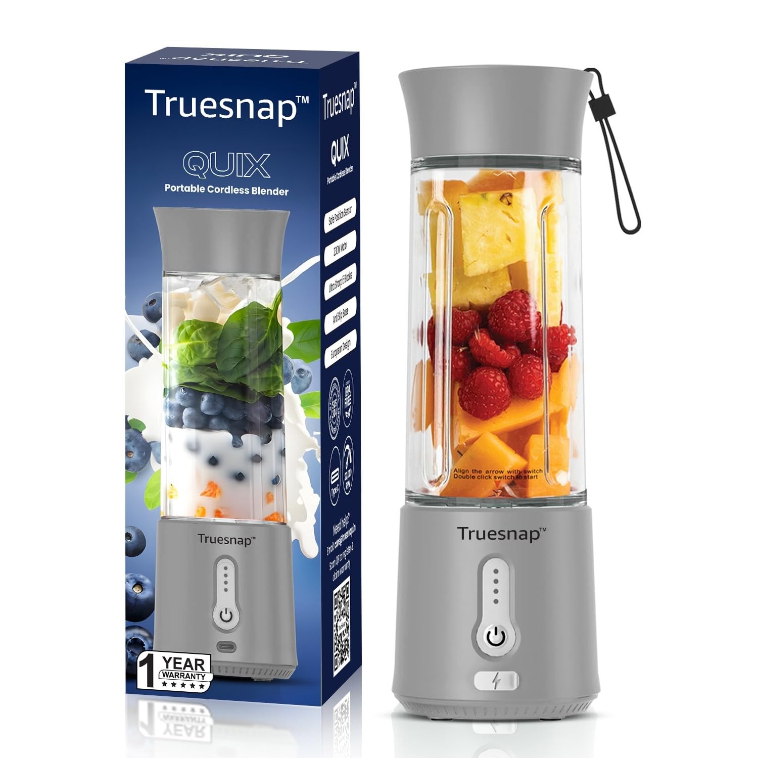 Truesnap Quix Portable Blender 500ml, USB-C Rechargeable, 230W Motor, 6-Blade SUS304, BPA-Free, for Juices & Smoothies - Gray