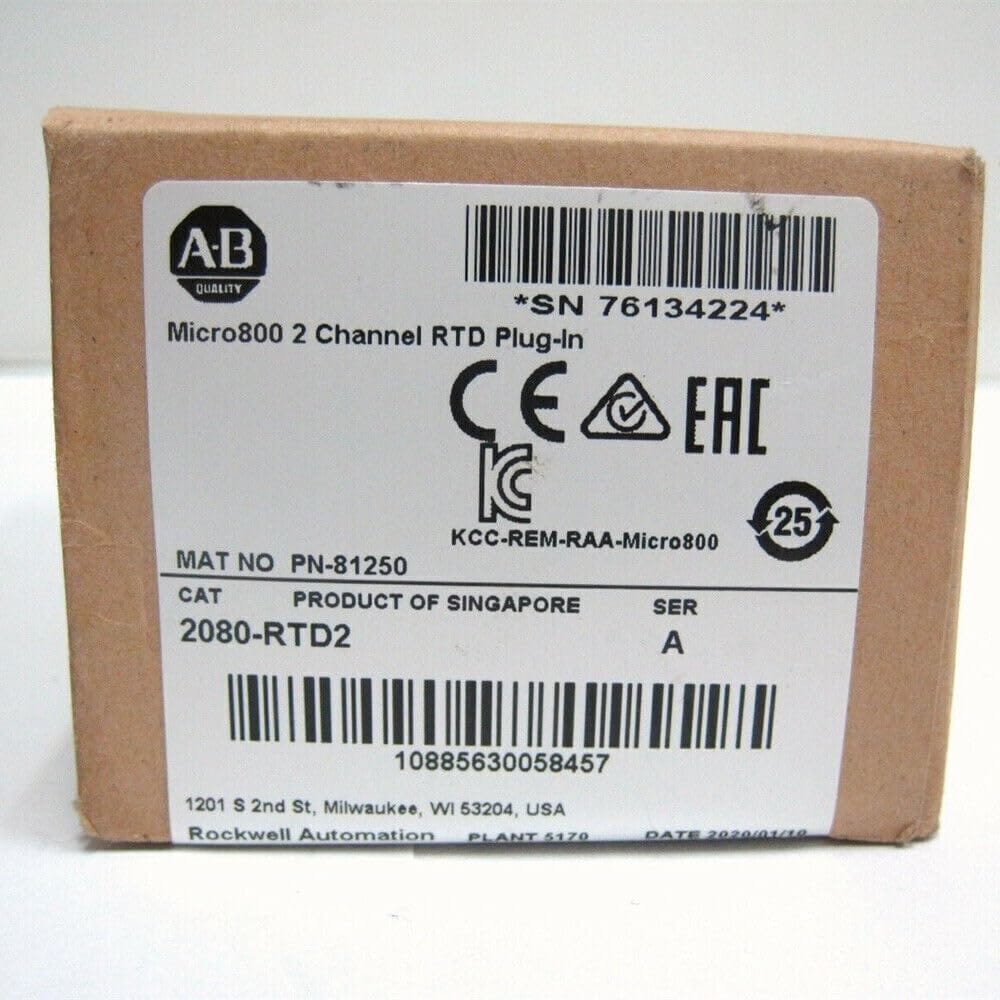 New Allen Bradley 2080-RTD2 with factory seal 2080 Micro800 System, 2-ch RTD Input (non-isolated) original packing view 2