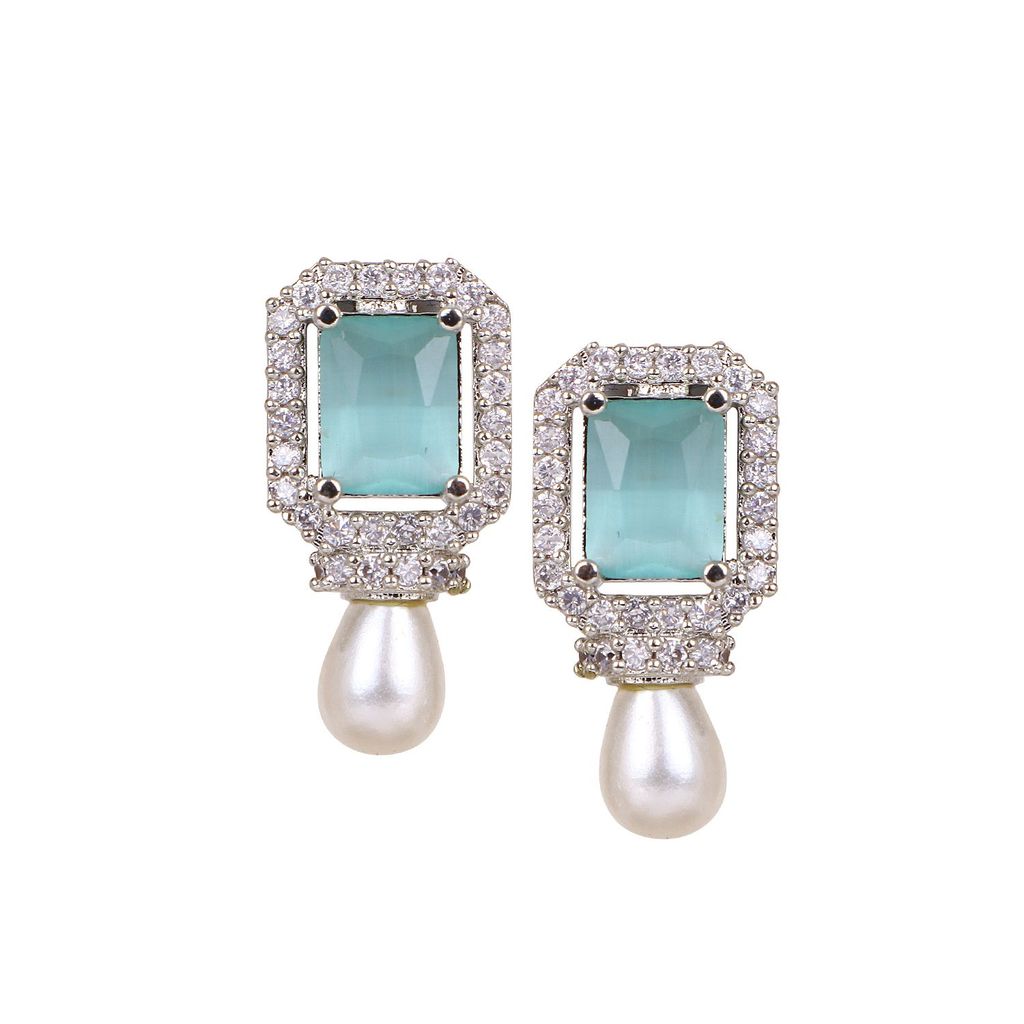 American Diamond Aqua Color Silver Polish Earrings view 2