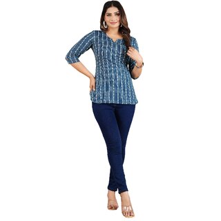 Women Striped Cotton Blend Straight Casual KurtI Top For Women's (Navy Blue) view 2