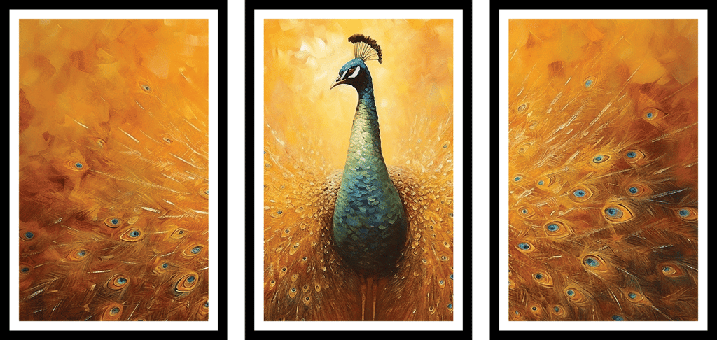 SET OF 3 STUNNIING TRIPTYCH PEACOCK 48in X 24in WITH BLACK FRAME view 2
