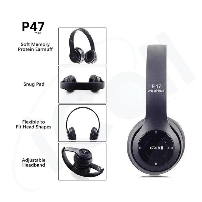 P47 Wireless Bluetooth Headphones, Deep Bass, Foldable Design, Built-in Mic, All-Day Comfort and Noise Isolation Color - Black view 2