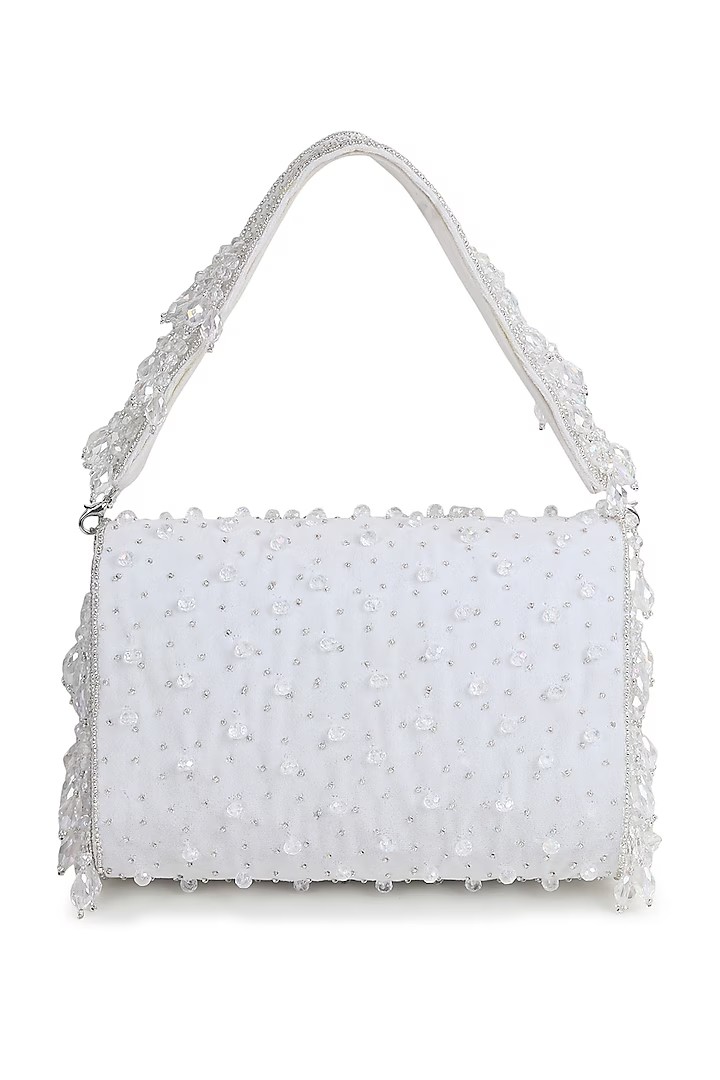 White Suede Crystal Work Flap Bag view 2