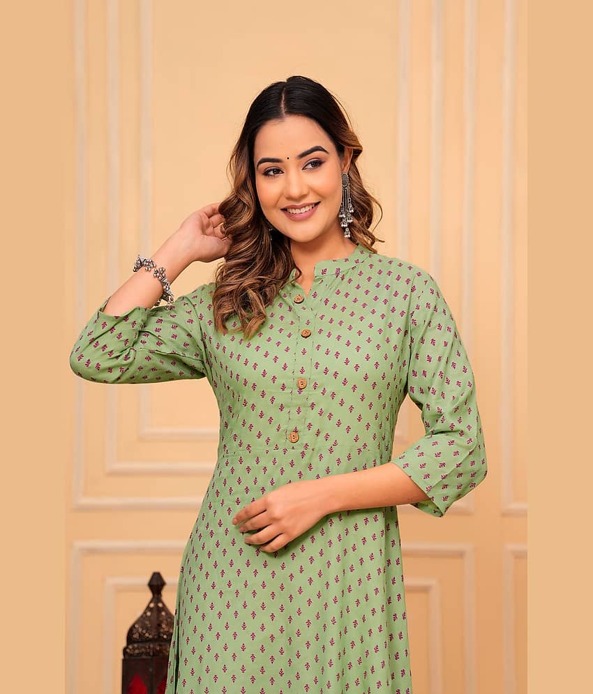 GlowWorld Cotton Printed Flared Women's Kurti - Green ( Pack of 1 ) view 2