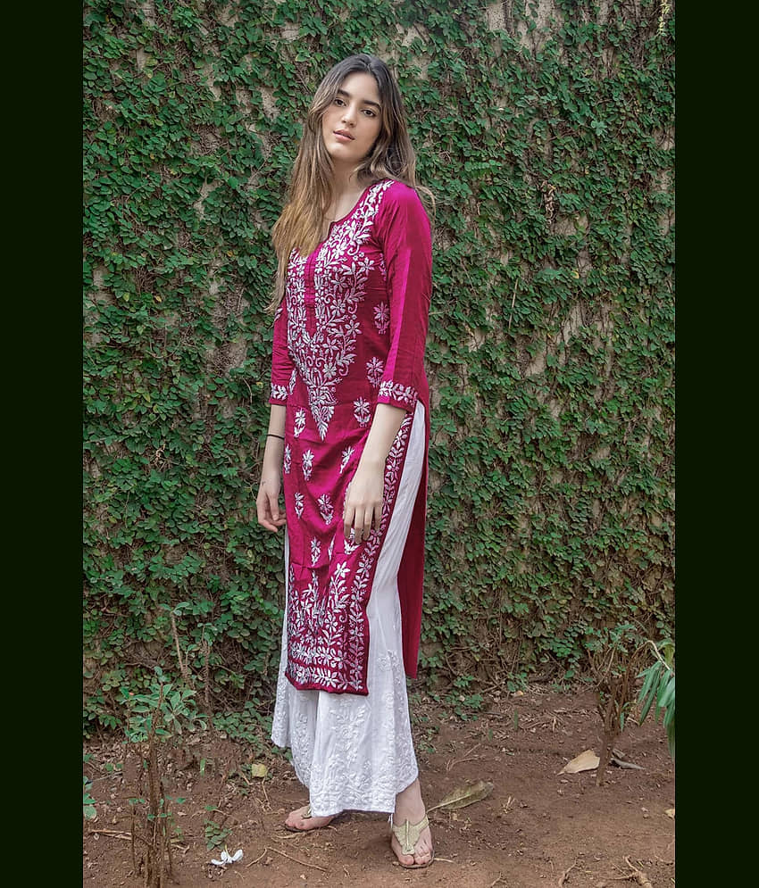 anushansa Women's Cotton Blend Embroidered Straight Kurti - ( Pink ) view 2