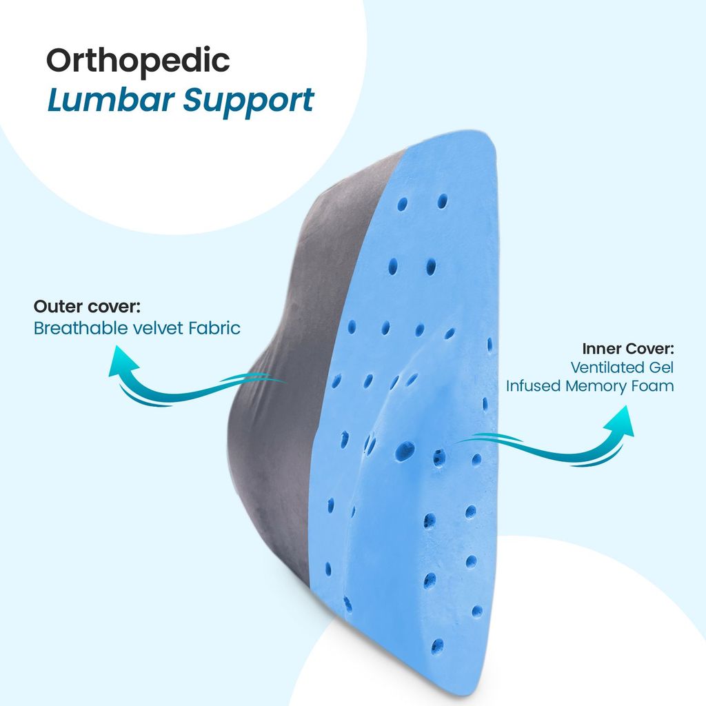 Sleepsia Newly Launched - Gel Infused Ventilated Memory Foam Lumbar Support, Velvet Lumbar Support, Back Support Cushion, Car, Chair, Office Chair Cushion with Removable Cover (Pack of 1) Grey view 2