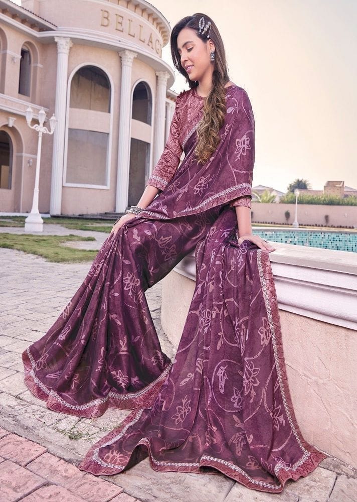 Digital Printed Georgette Saree in Wine view 2