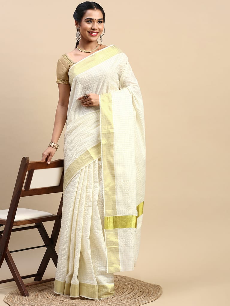 Kerala Saree Cream Gold Jari Border with Checked self design KS90 view 2