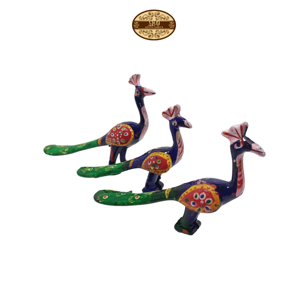 Handcrafted Paper Mache Peacock Figurine, Blue and Green, Set of 3 view 2