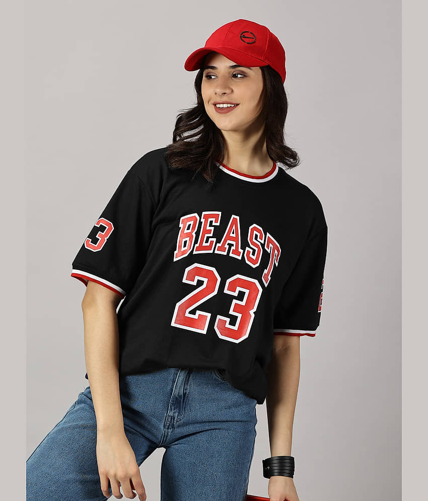 Diversify Women Cotton Printed Oversized Fit Round Neck T-Shirt ( Black )