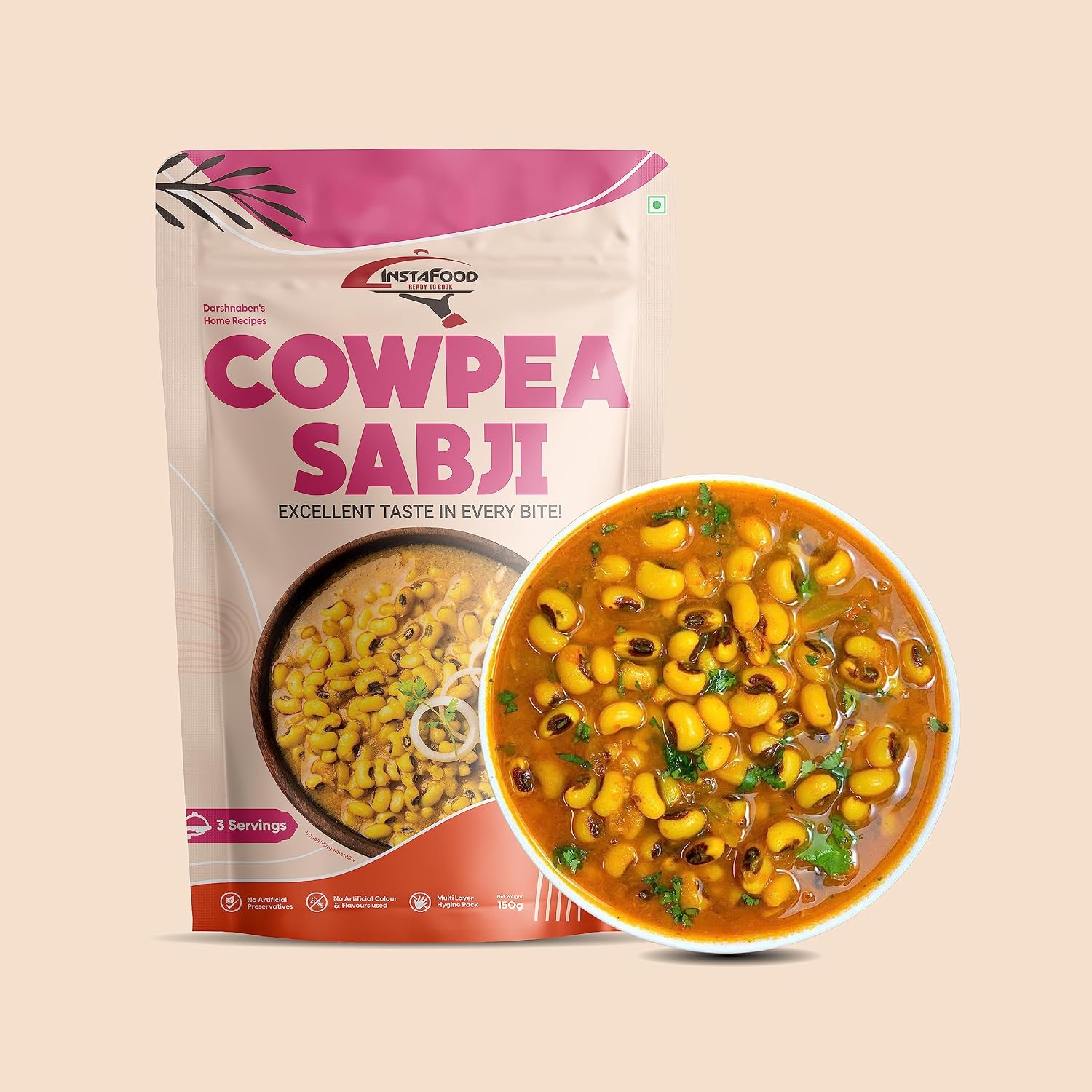 INSTAFOOD Cowpea (Choli) Sabji | Ready to Eat & Cook Meal | 3-4 Servings | After Cooking Gets 700 gm to Serve | Zip Lock Packaging | Vegetarian Meal | Just Add Water and Cook, 150 gm view 2