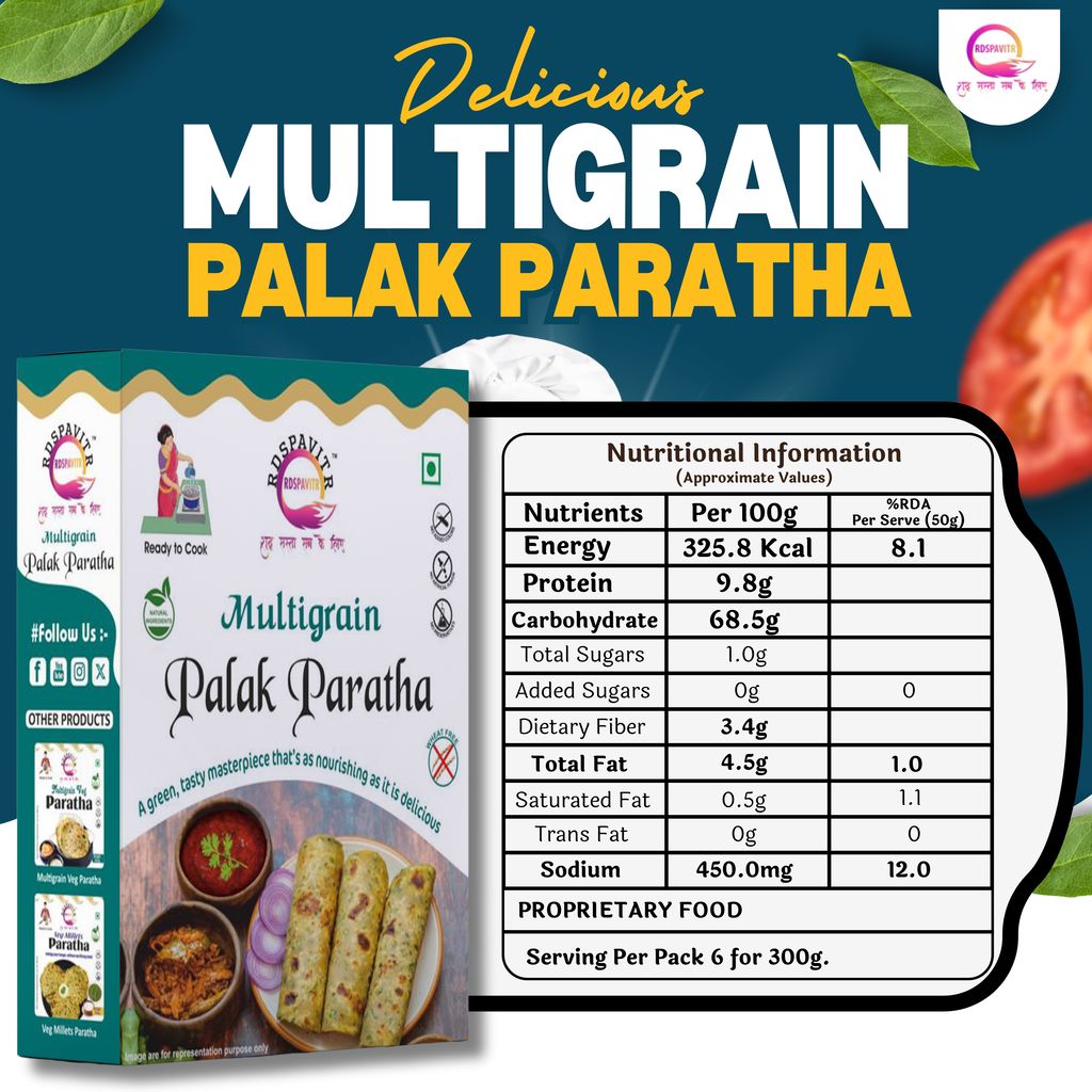 Multigrain Palak Paratha | Paratha Premix 300 Gm, Peanut Chutney 50g and Mix Pickle 50g | Ready To Cook | No Preservative | Made With Natural Ingredients view 2