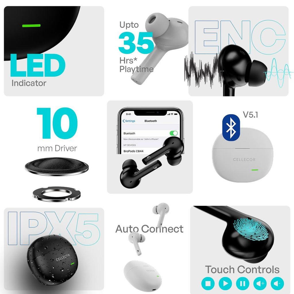 CELLECOR BroPods CB44 TWS with 35 Hours Playtime, ENC, Insta Wake N' Pair, HD Sound, 13mm Driver, Truly Wireless (White) view 2