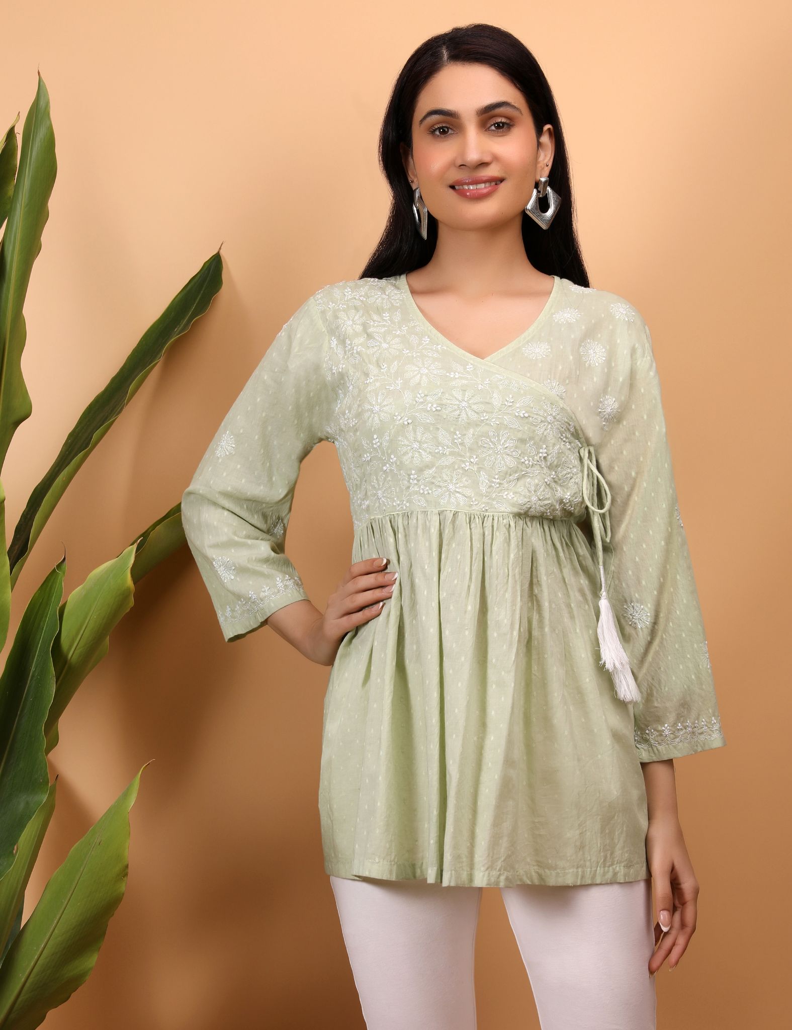 shwet green white women chikankari angarkha top view 2