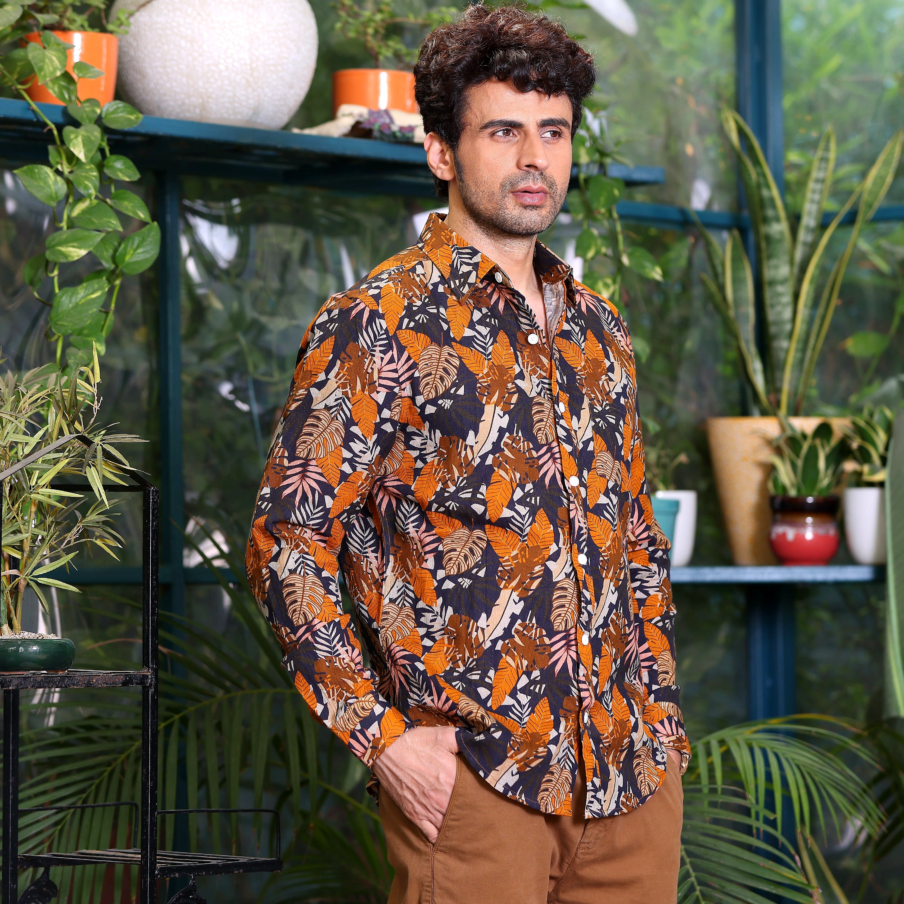Philodendron Selloum Plant Brown Casual Pure Linen Full Shirt (Size - XL) by BLUE EAGLE view 2