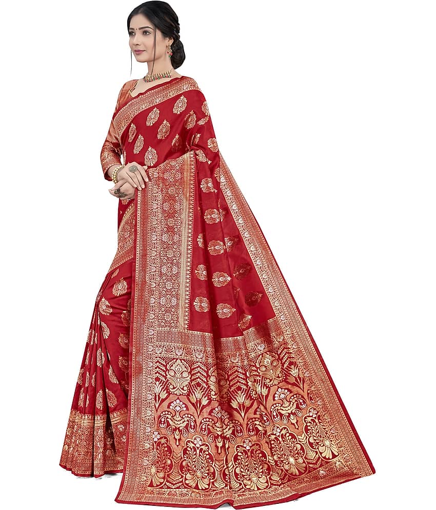 Sariya Jacquard Woven Saree With Unstitched Blouse Piece ( Red ) view 2
