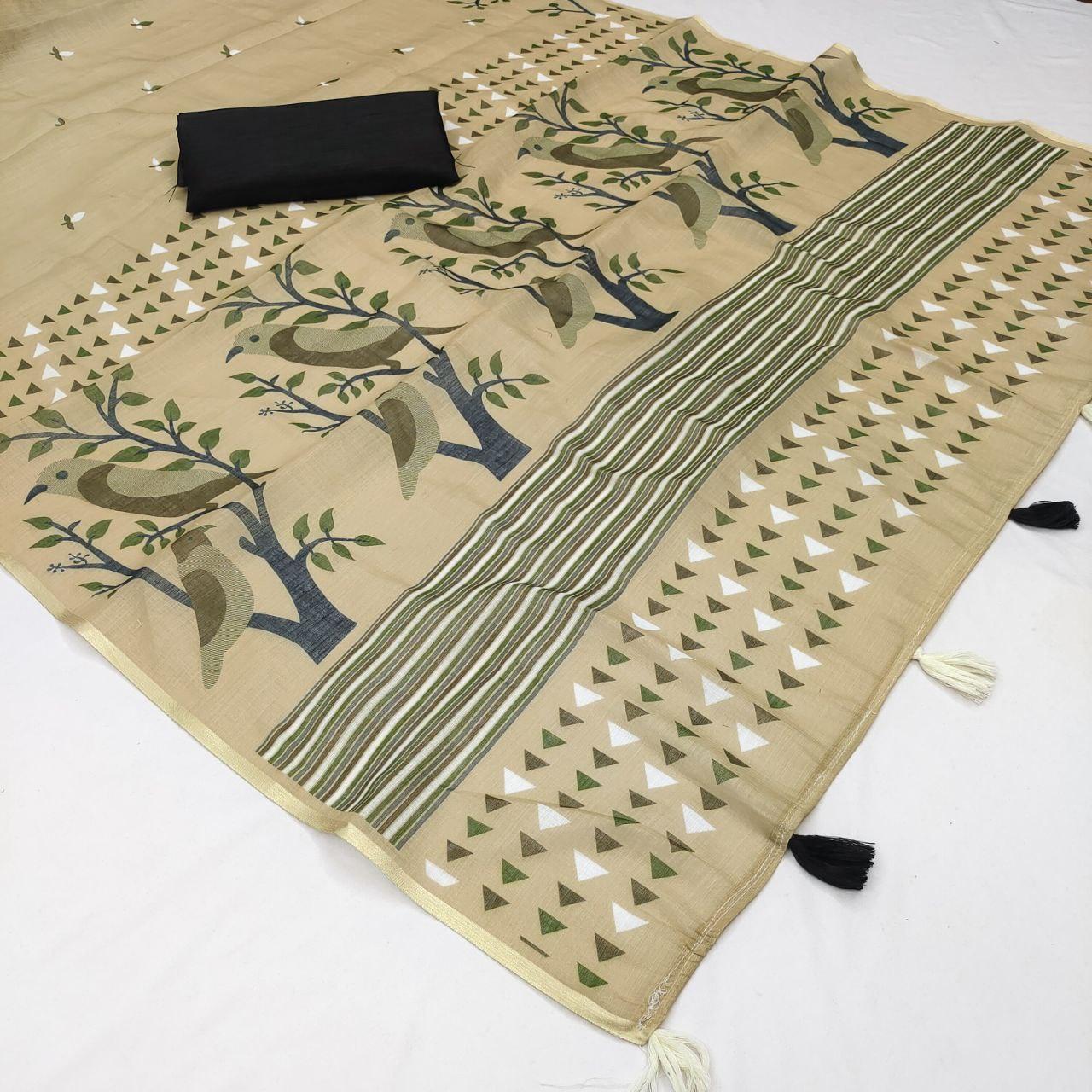 Olive Linen Saree view 2