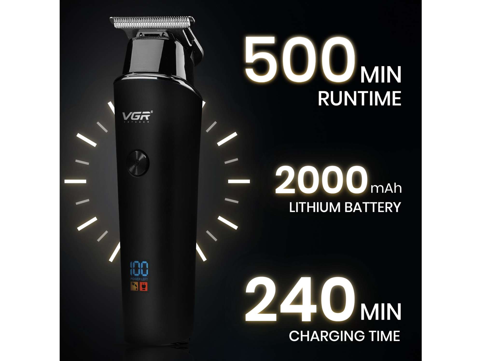 VGR V-937 Professional Hair Trimmer with LED Display Trimmer 500 min Runtime 4 Length Settings (Black) view 2
