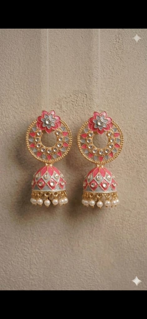 Elegant Pink and Grey Jhumka Earrings with Kundan Work view 2