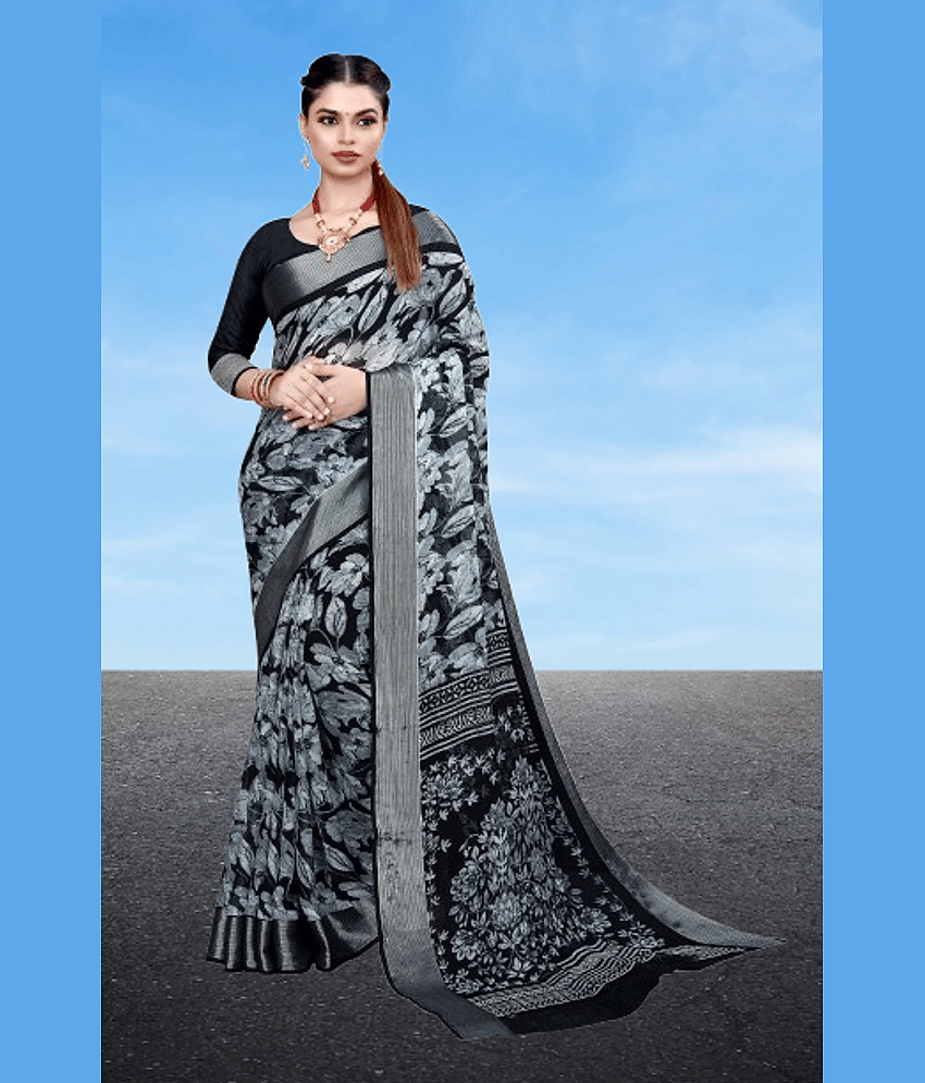 mahalaxmi fab Brasso Printed Saree With Unstitched Blouse Piece ( Black,White )