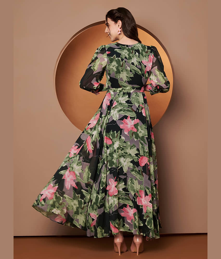 ZWERLON Women Georgette Printed Fit & Flare Dress ( Green ) view 2