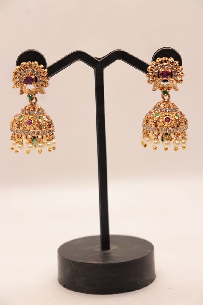 Jhumka Earrings with Ruby and Pearl for Women view 2