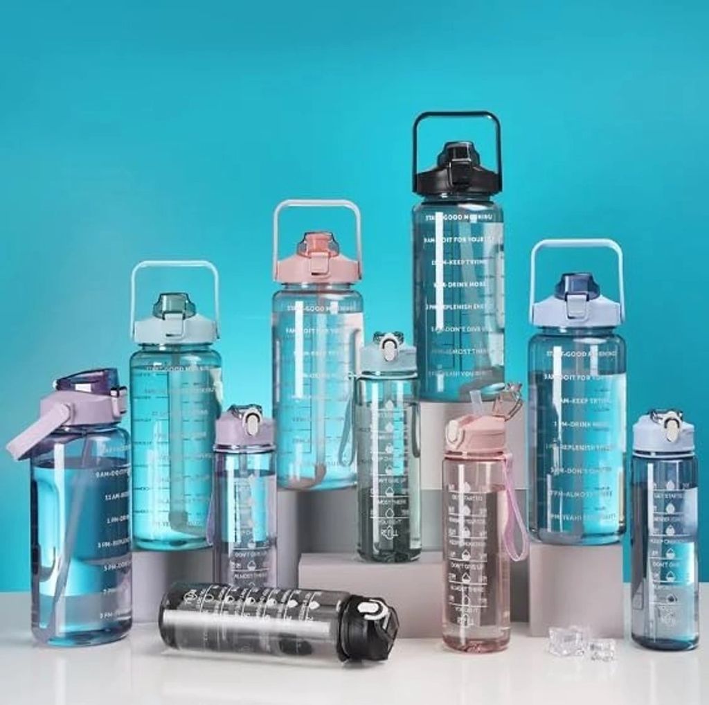 3-in-1 Motivational Water Bottle Combo Set (2000ML, 1000ML, 500ML) | Leakproof BPA-Free Bottles with Time Marker, Straw & Sipper | Gym, Office, Travel, Sports Bottles (Transparent, Durable) view 2