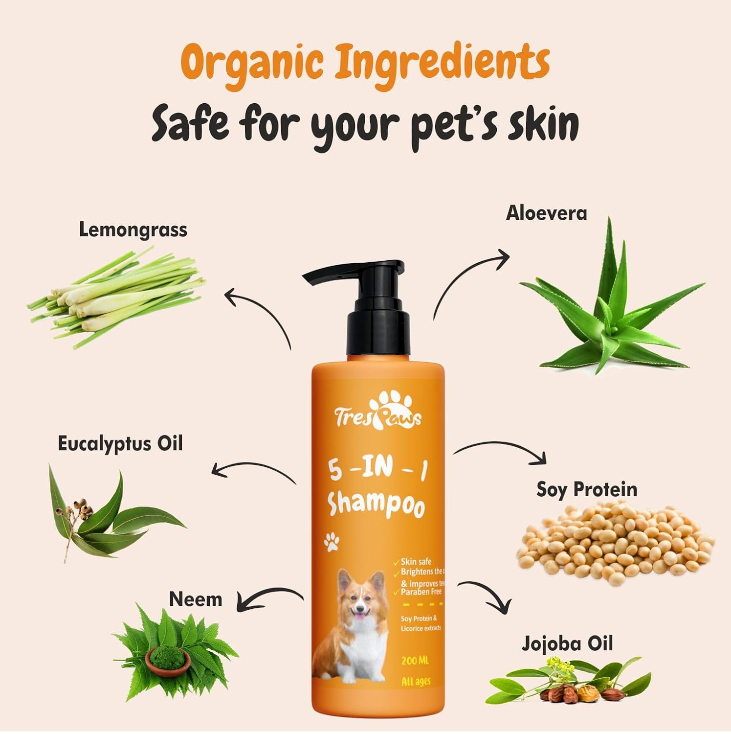 Trespaws 5 in 1 Dog Shampoo, 200 ml for Pomeranian, Shih Tzu Puppy, German Shepherd, Labrador & Golden Retriever | Cleanses, Conditions, Detangles, Moisturizes & Deodorizes view 2