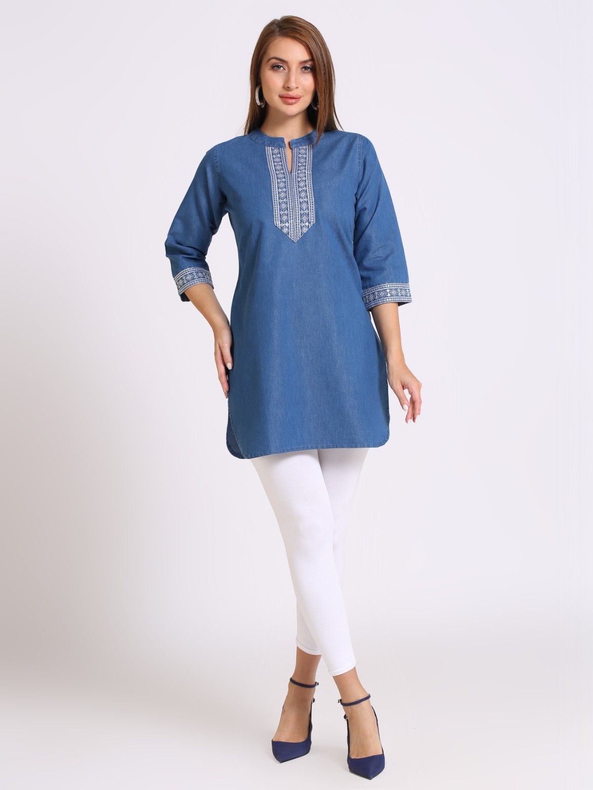 Denim Embroidered Kurti, Blue - L (Style -2472)