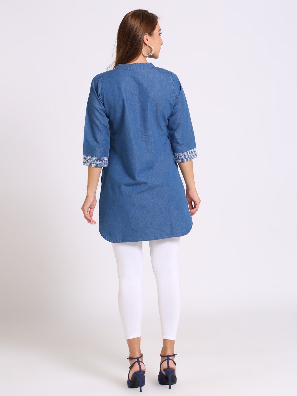 Denim Embroidered Kurti, Blue - L (Style -2472) view 2