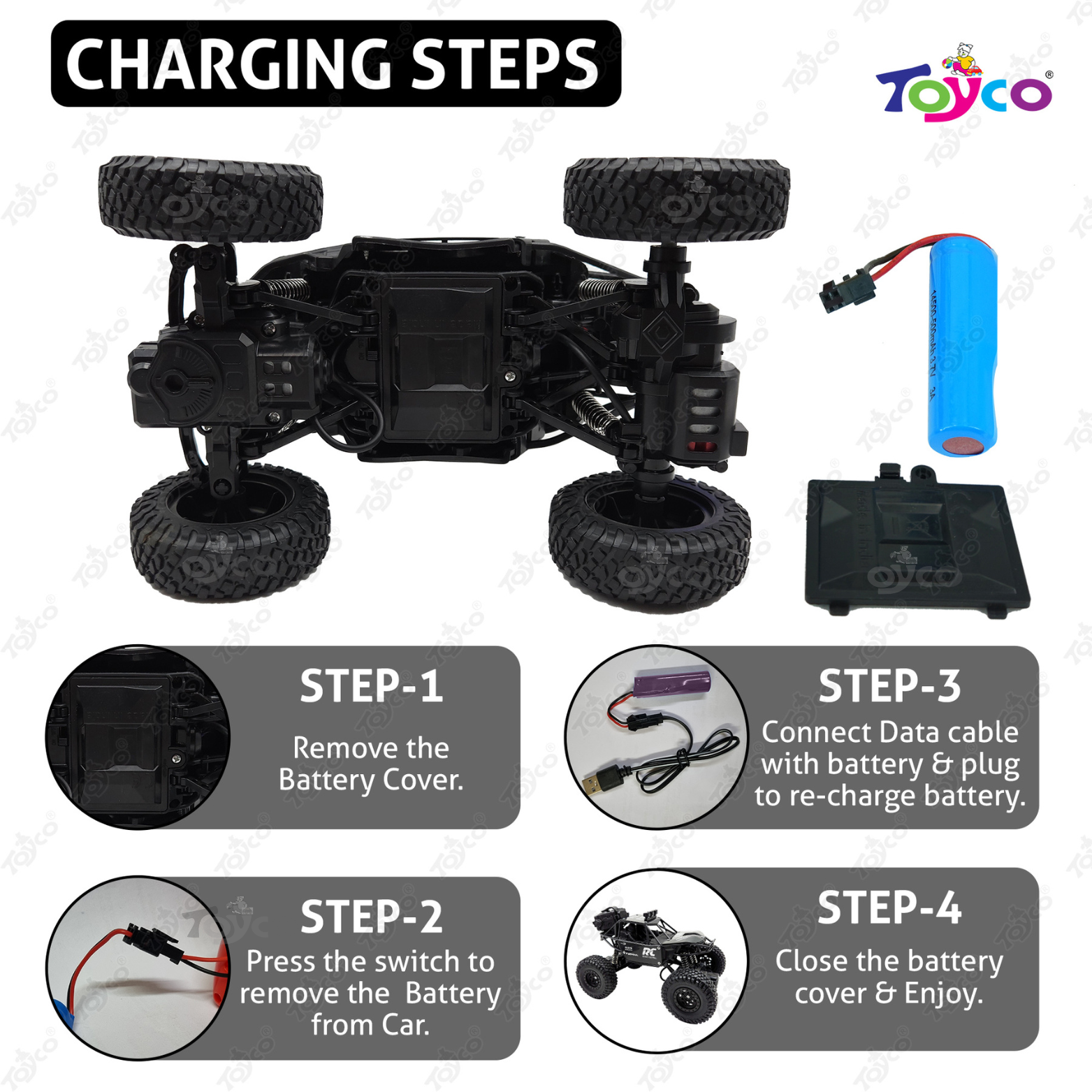TOYCO Alloy Rock Crawler - Rechargeable Remote Control Car with LED Smoke Effect and Anti-Slip Tyres, 1:18 Scale | Off-Road Monster Truck/Car Gift for Kids Boys and Girls Age 4+ (Black) view 2