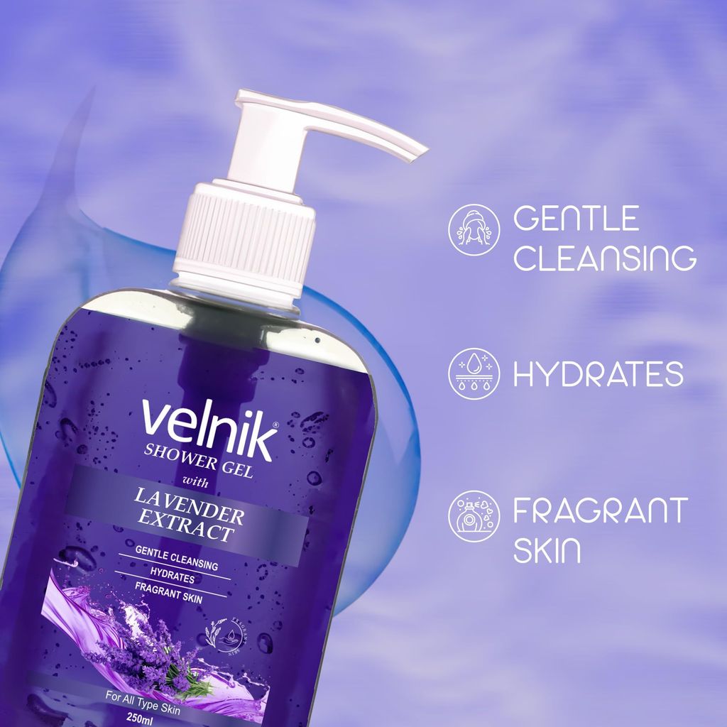 Velnik Shower Gel With Lavender Extract Gentle Cleansing Hydrates Fragrant Skin Body Wash for Women & Men with Skin Conditioners for Radiant Glow & Moisturised Skin, Suitable for All Skin Types 250ml view 2