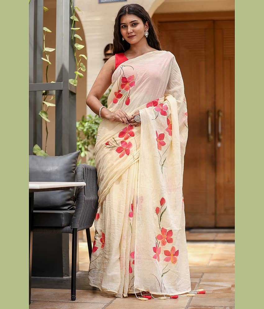 Villagius Cotton Blend Colorblock Regular Saree Without Blouse Piece ( Beige )