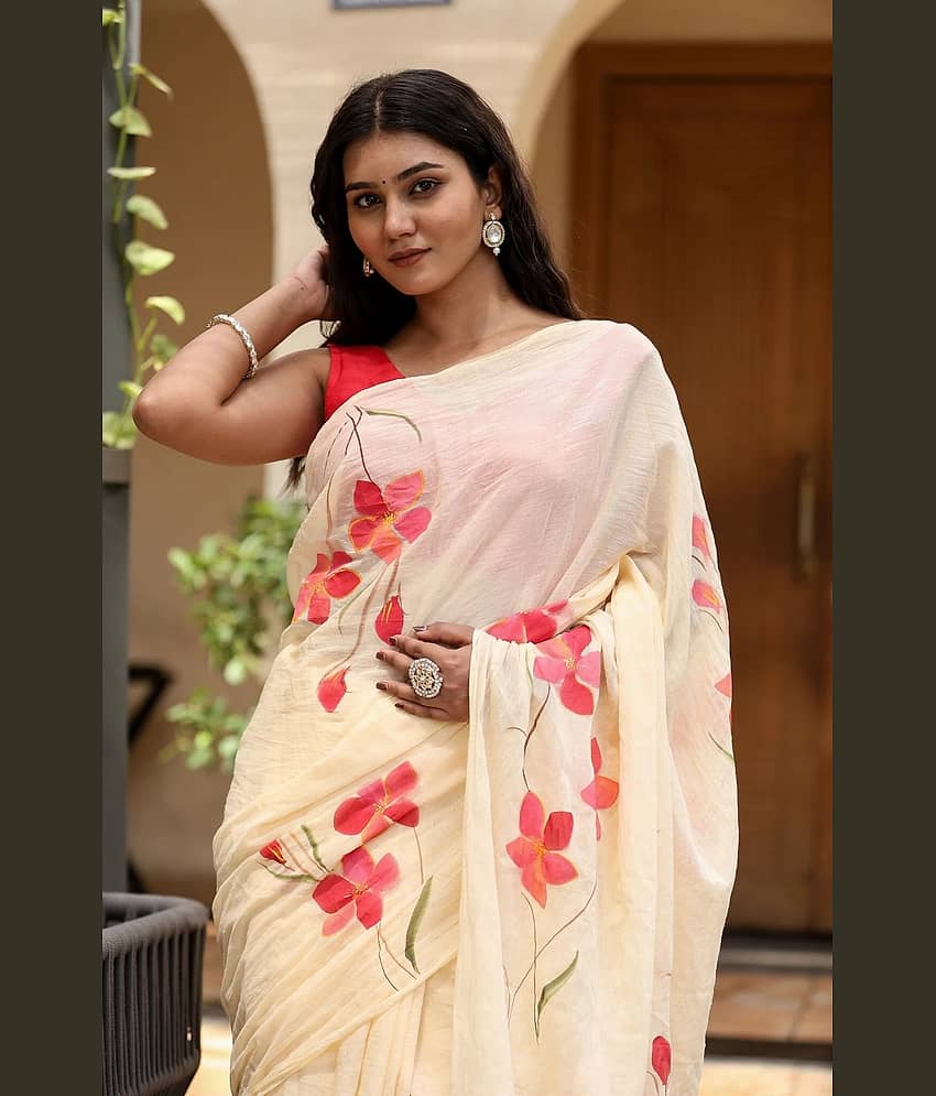 Villagius Cotton Blend Colorblock Regular Saree Without Blouse Piece ( Beige ) view 2