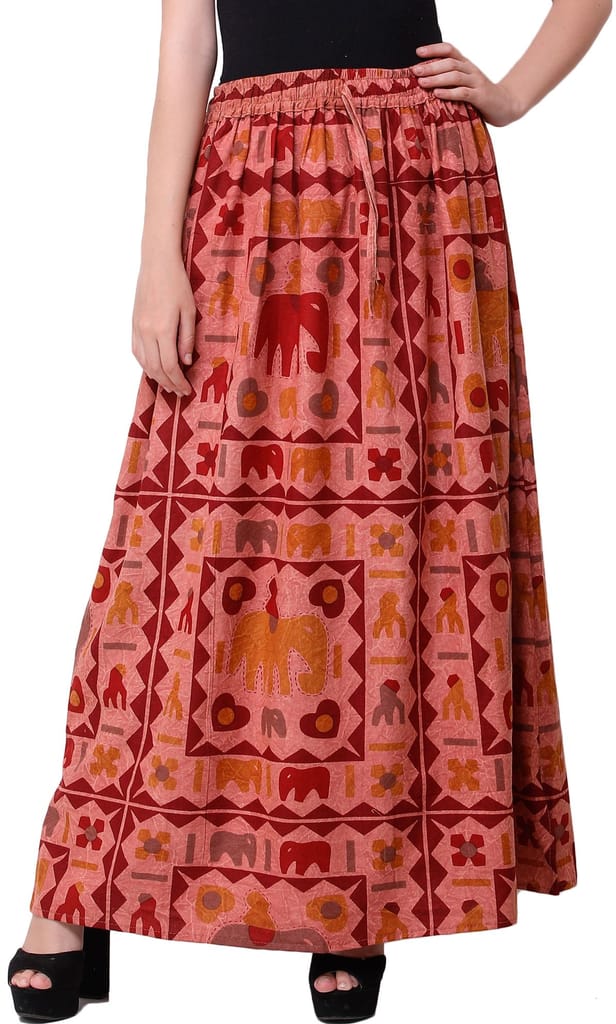 Muted-Clay Stone-Washed Long Elastic Skirt with Printed Elephants view 2