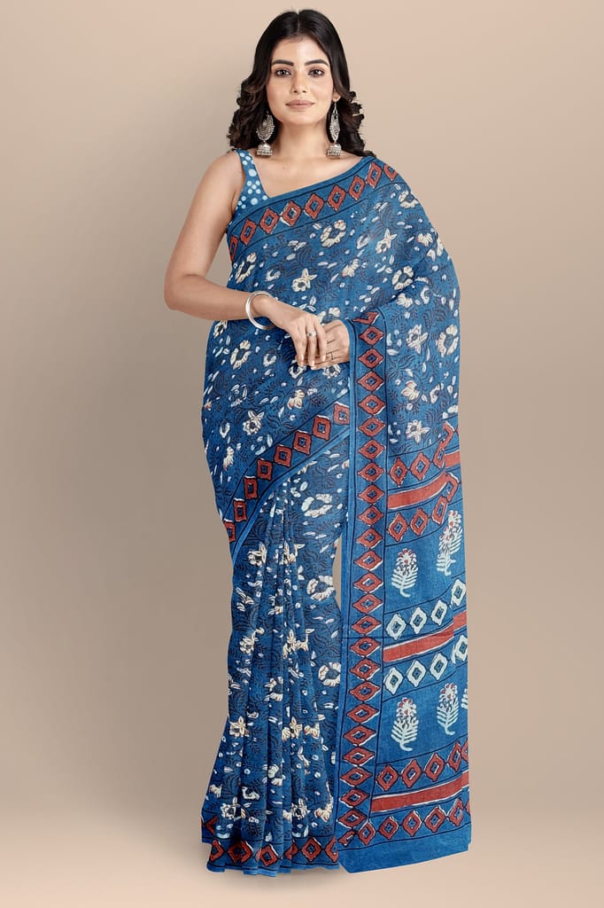 Nandana Indigo Dabu Malmal Cotton Saree With Floral Motifs SKU-BS10172 view 2