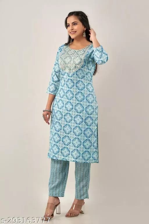 Blue Color Beautifull Printed Design Kurta Pant Ethnic Set ( Sky Blue)