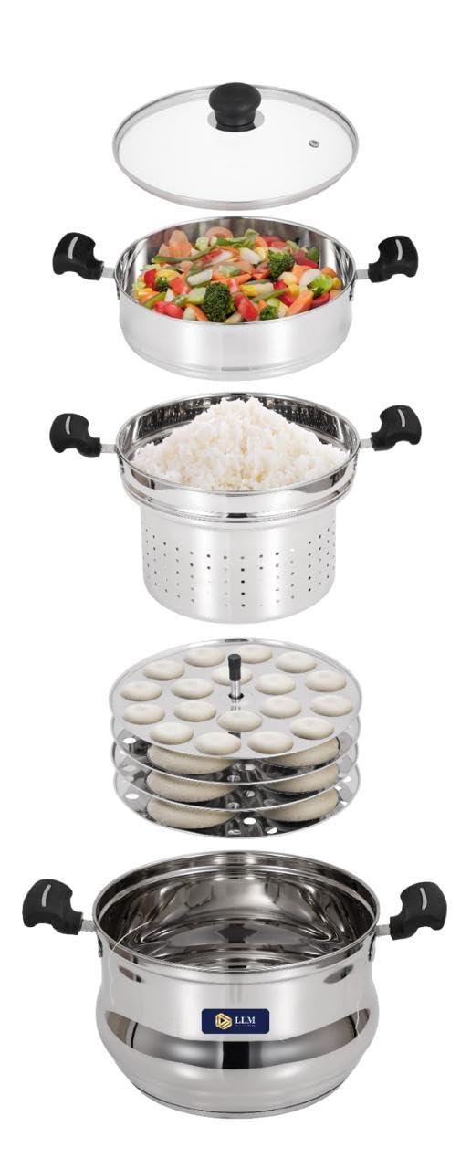 LLM Stainless Steel 5 in 1 Multi Propose Steamer with Idly pltaes, steamer Bowl & Stainer Bowl view 2
