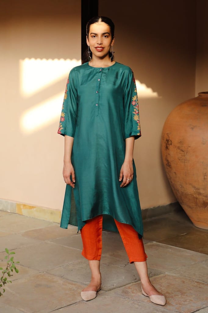 Juhi Teal Green Kurta With Crewel Embroidered Sleeves view 2