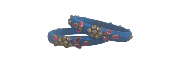 Blue Silk Thread Bangle with Pink Stone and Pearl Embellishment view 2