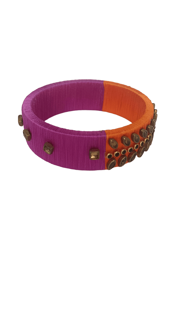 Silk thread bangle with pink and orange color combination and stone studded design view 2