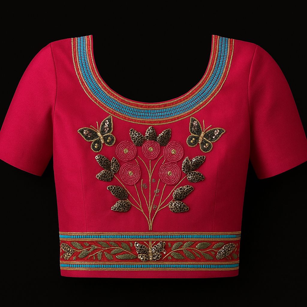 Women's Fuchsia Embroidered Poly Silk Blouse with Butterfly Motif