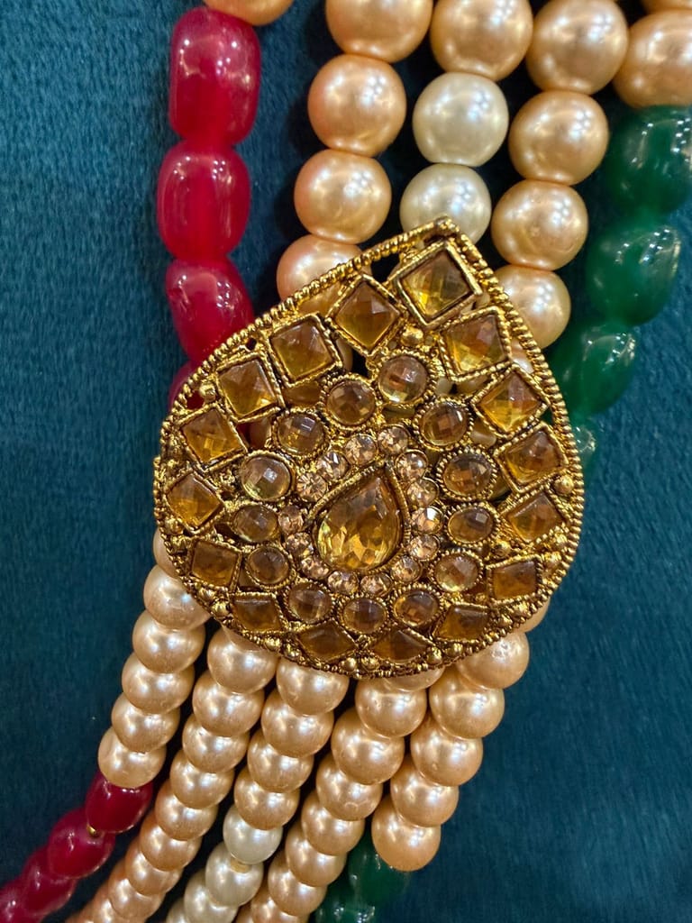 multi color moti swagat mala with double side brooch view 2