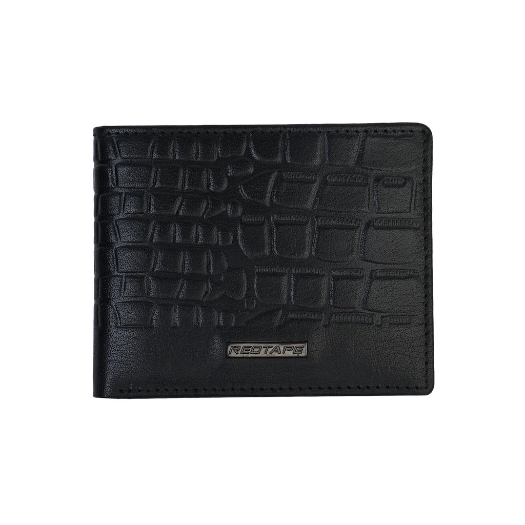 Red Tape Black Men's Genuine Leather Bi-Fold Wallet | RFID Blocking | Slim Wallet with Metal Logo | 6 Card Slots & 2 Currency Compartments