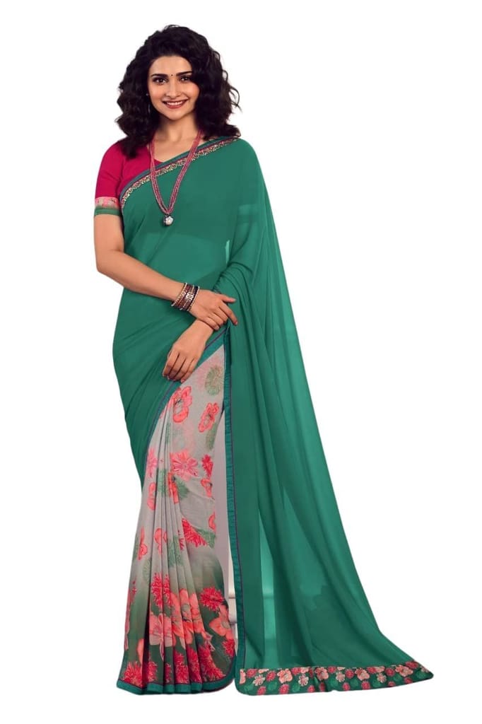 HHK Fashion Women's Printed Georgette 5.5 Meter Saree with Unstitched Banglori Silk Blouse Piece (Green).
