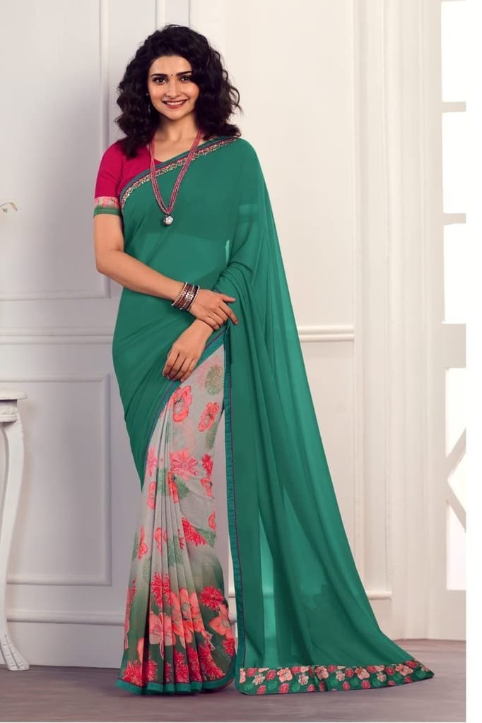 HHK Fashion Women's Printed Georgette 5.5 Meter Saree with Unstitched Banglori Silk Blouse Piece (Green). view 2