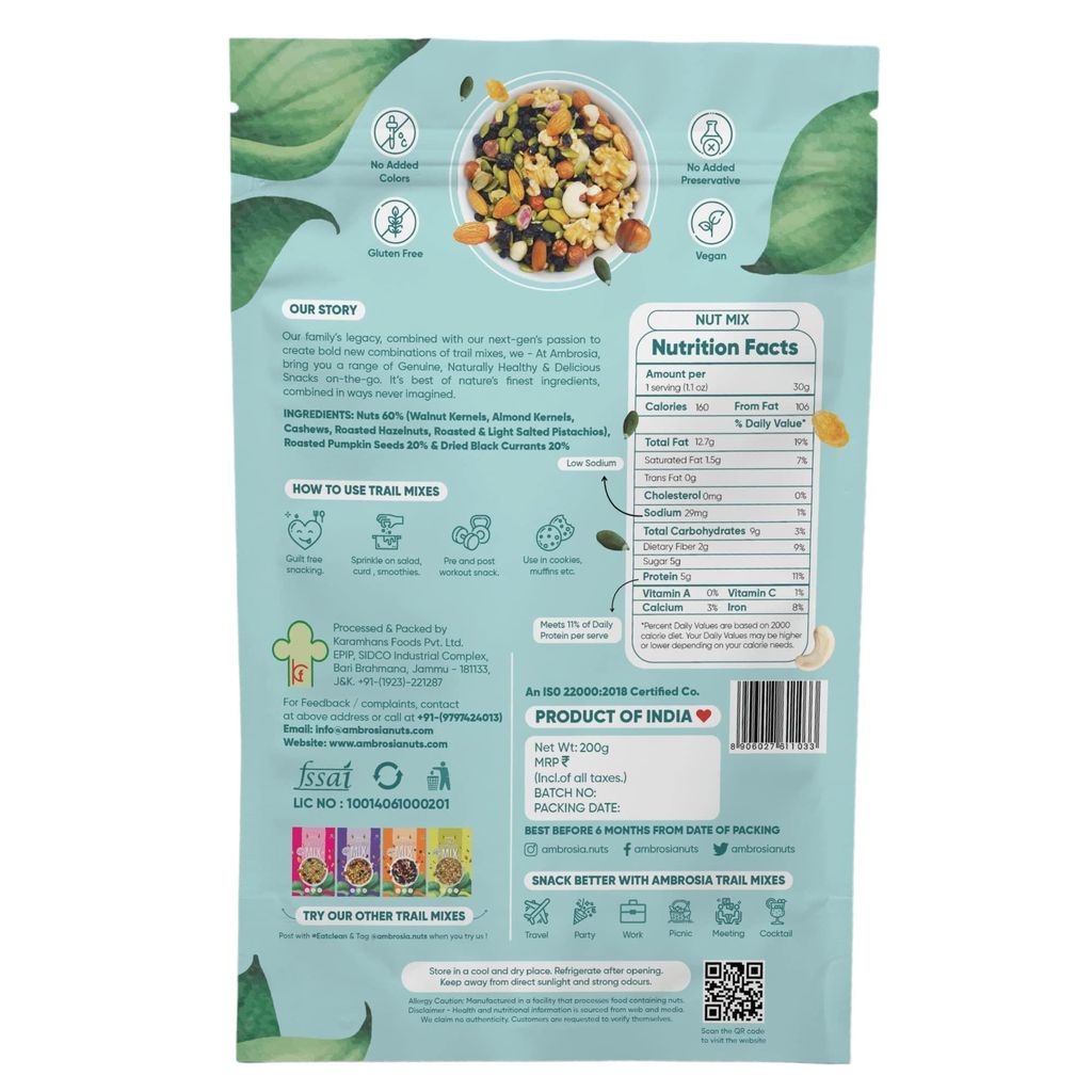 Ambrosia Trail Mix Combo Pack (2 X 200 g) | Morning Mix 200 g - Mixed Berries & Seeds | Nut Mix 200 g - 90% Exotic Nuts view 2