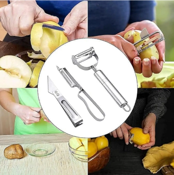 VillWin Kitchen Stainless Steel Peeler Set of 3 Pcs, Knife and Clips Rotary Peeler Cutter Slicer Combined Vegetable Peelers for Carrot Potato Melon Gadget Vegetable Fruit Peeler Cutter view 2