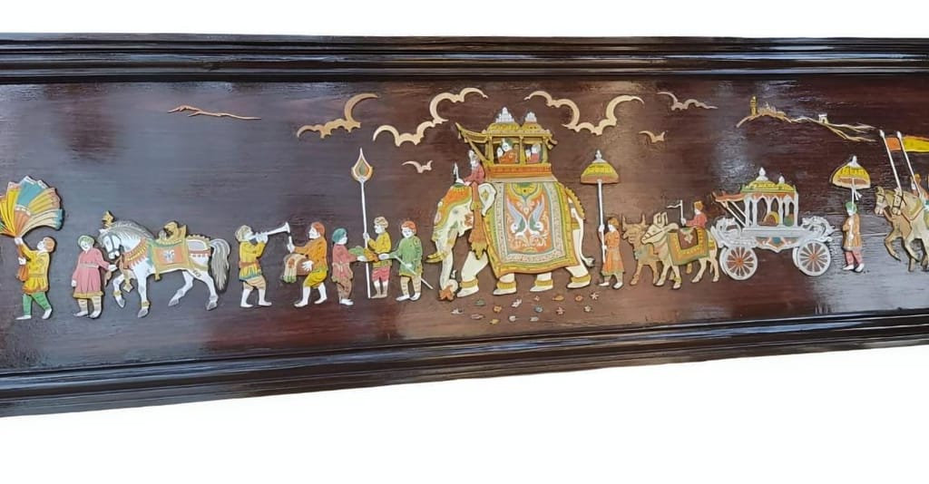 Handcrafted Wooden Wall Art Decor with Intricate Elephant and Horse Motif view 2