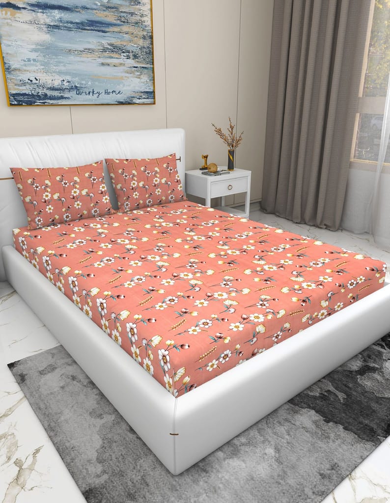 Quirky Home Fantasy Collection Premium Cotton Blend 180 TC Fitted Double Wrinklefree Bedsheet with 2 Pillow Covers, Pink Floral view 2